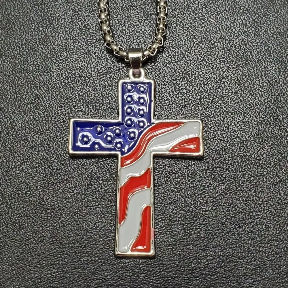 Silver tone flag cross pendant necklace 23